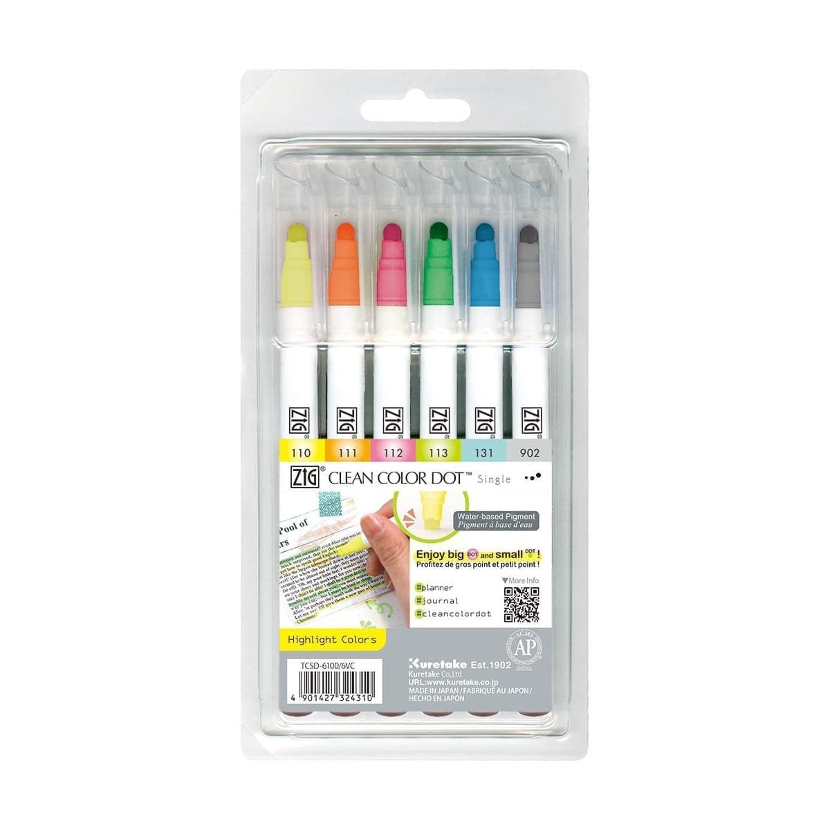 Clean color dot pen Single 6 - pack - Highlight Colors - 1 - ZIG Kuretake - Tidformera