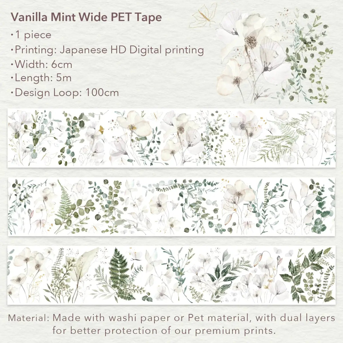 Clear tape Vanilla Mint Wide PET Tape - 60 mm - 4 - Washi Tape Shop - Tidformera