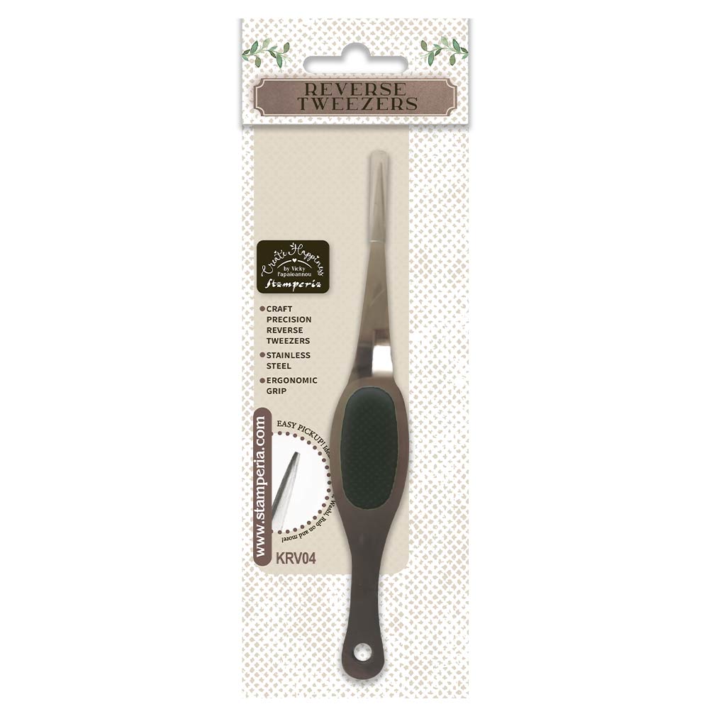 Create Happiness Reverse Tweezers - Pincett från Stamperia. Förpackning och i ligger en pincett med ett plasthölje  runt spets Tidformera