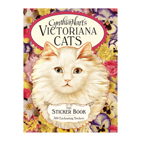 Framsidan på boken Cynthia Hart's Victoriana Cats: The Sticker Book. Stor vit katt. Tidformera