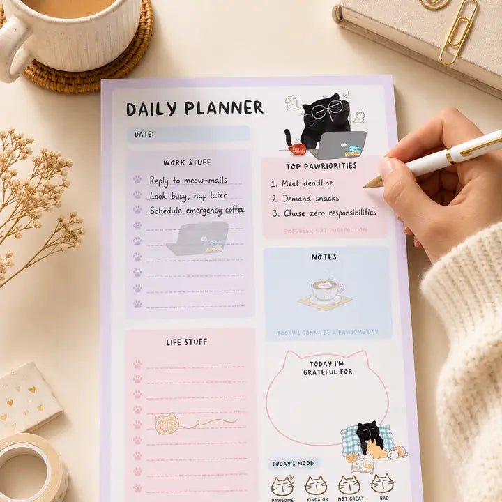Daily Planner Notepad - Mocha cat - A5 - 4 - Moonaries illo - Tidformera