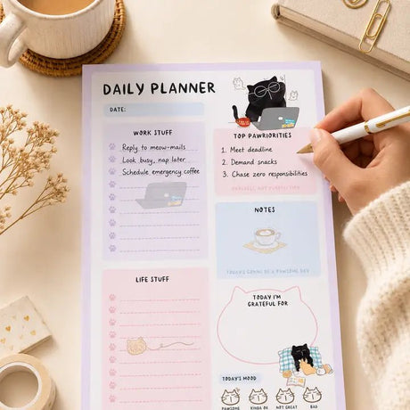 Daily Planner Notepad - Mocha cat - A5 - 4 - Moonaries illo - Tidformera