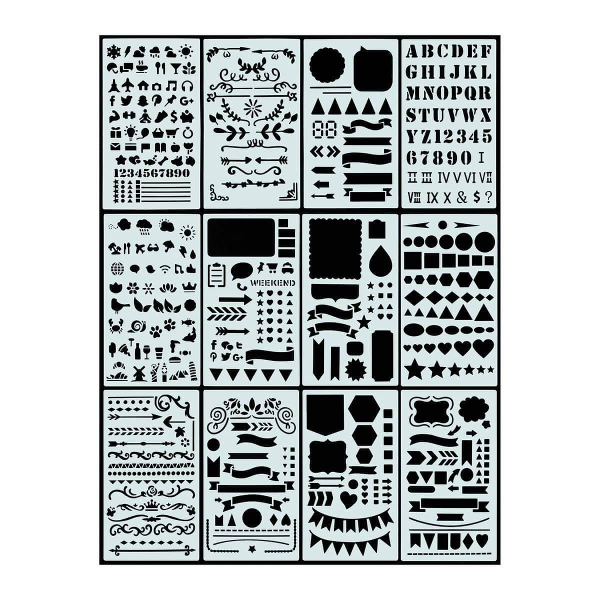 Dotted Journal Stencil Set 12 - pack från Peter Pauper Press - Bild syns samtliga motiv på de tolv stencilerna  Tidformera