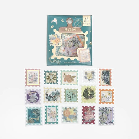 Flake stickers Post Office - Blossom från BGM. Förpackning med klistermärken. Bredvid ligger stickers utformade som frimärken med motiv med blommor. - Tidformera