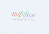 Handskriven text med orden "mildliner warm, flourescent, cool & refined set" skriven med Zebra Mildliner Brush Pen i många olika färger.