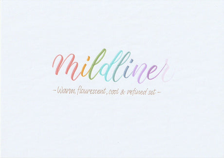 Handskriven text med orden "mildliner warm, flourescent, cool & refined set" skriven med Zebra Mildliner Brush Pen i många olika färger.