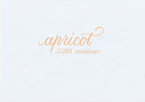 Handskriven text med orden "apricot" och "ZEBRA mildliner" i aprikos färg, skriven med Zebra Mildliner Brush Pen i färgen Apricot.