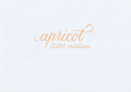 Handskriven text med orden "apricot" och "ZEBRA mildliner" i aprikos färg, skriven med Zebra Mildliner Brush Pen i färgen Apricot.