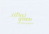 Handskriven text med orden "citrus green" och "ZEBRA mildliner" i citrongrön färg, skriven med Zebra Mildliner Brush Pen i färgen Citrus Green.