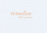 Handskriven text med orden "vermilion" och "ZEBRA mildliner" i orangeröd färg, skriven med Zebra Mildliner Brush Pen i färgen Vermilion.