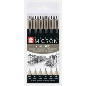 Förpackningar med Pigma micron Fineliner som är Svarta och i storlekarna 005, 01, 02, 03, 05, 08.