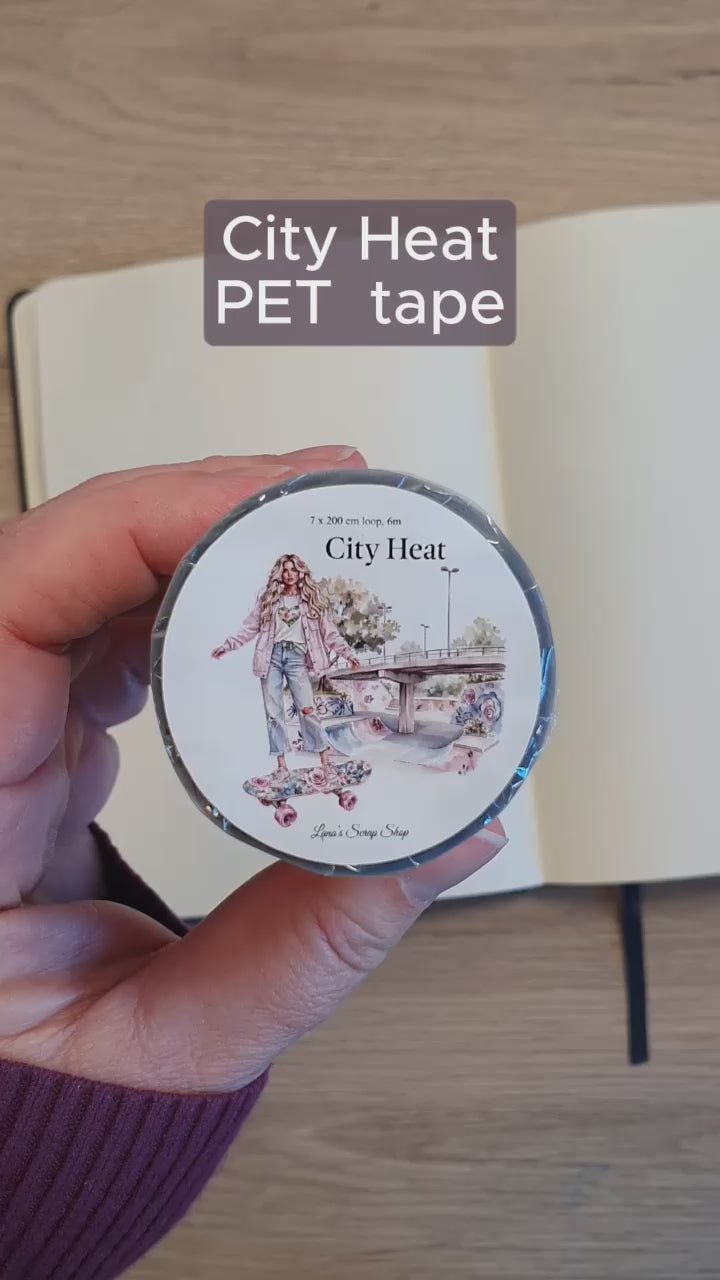 Video som visar motiv på City Heat PET tape från Lana's Scrap shop. Tidformera