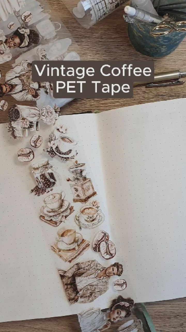 Tidformera visar motiven på Vintage Coffee PET tape från Lanas Scrapbooking shop.