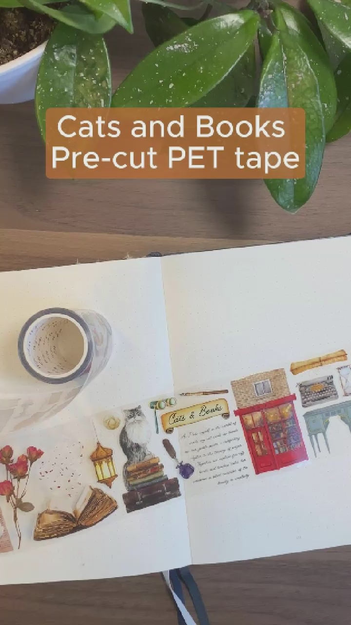 Video som visar motiven i Cats and Books pre-cut pet tape. Tidformera