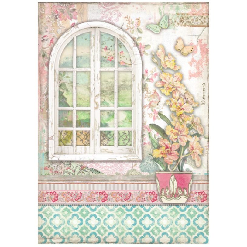 Rice Paper A4 Orchids and Cats - Window - 1 - Stamperia - Tidformera