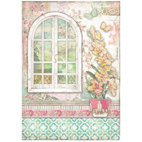 Rice Paper A4 Orchids and Cats - Window - 1 - Stamperia - Tidformera