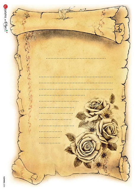 Rice Paper Decoupage - A5 - Flowers 0294 från Paper Designs. Rispapper med motiv med ett äldre pappersark som är linjerat och dekorerat med rosor - Tidformera