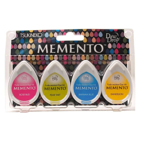Stämpeldyna Memento Dew Drop - Beach Party från Tsukineko. 4 stämpeldynor  med färgerna rosa, grön, blå och gul i en förpackning - Tidformera