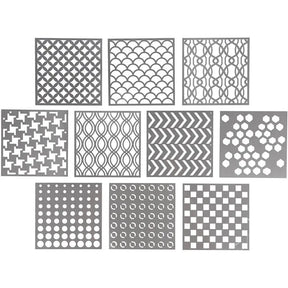 Stencil 15 x 15 cm - 10-pack från Creotime. 10 stenciler i grå plast ligger uppradade. De har olika grafiska mönster.  - Tidformera