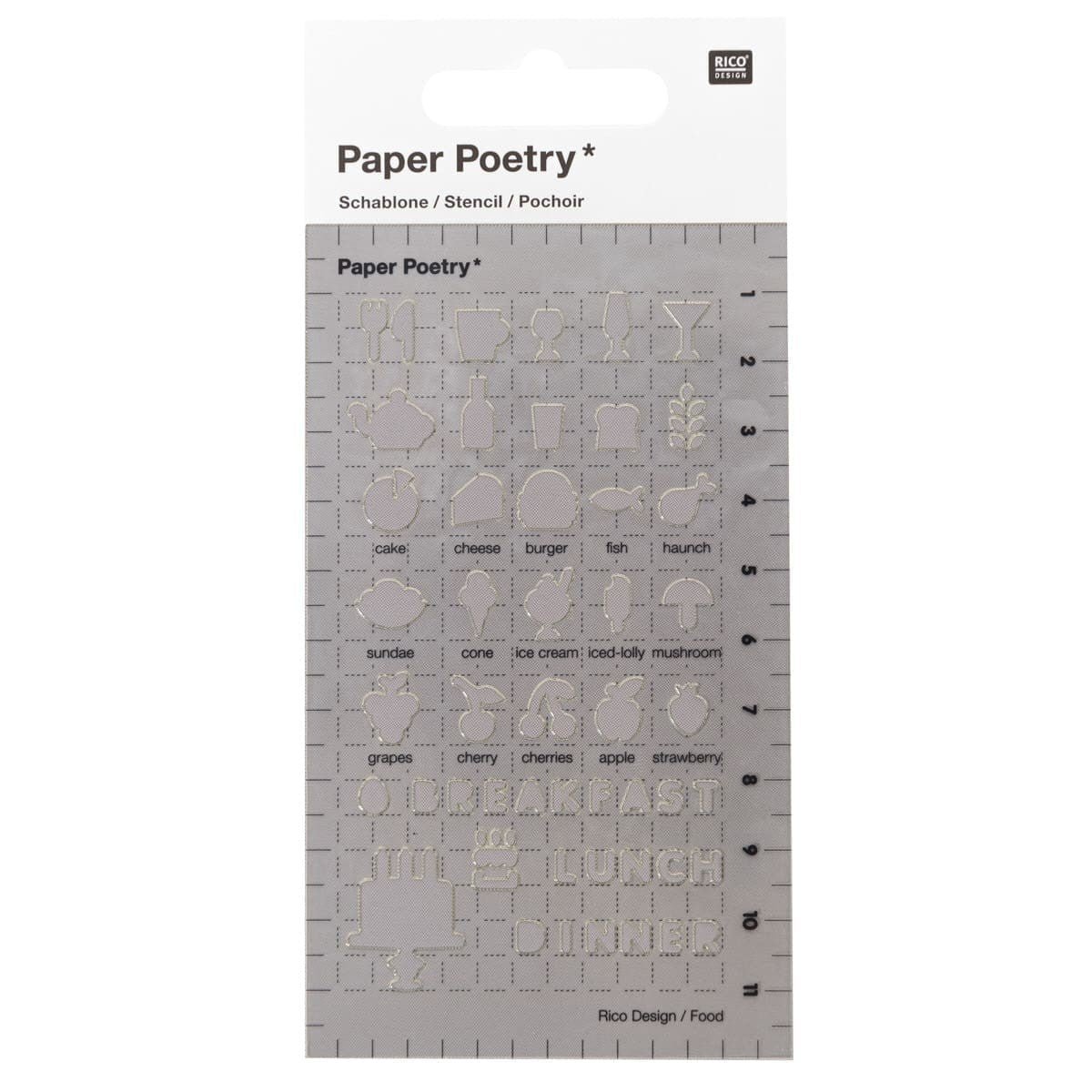 Stencil Paper Poetry Liten - Food från Rico Design. Förpackning med en stencil i plast. Motiven är med bestick, muggar, glas, glass, bär, hamburgare, fisk. Bokstäver med Breakfast, Lunch, Dinner. - Tidformera