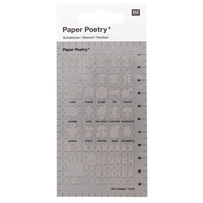 Stencil Paper Poetry Liten - Food från Rico Design. Förpackning med en stencil i plast. Motiven är med bestick, muggar, glas, glass, bär, hamburgare, fisk. Bokstäver med Breakfast, Lunch, Dinner. - Tidformera