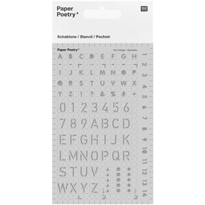 Förpackning med Stencil Paper Poetry Stor - Letters från Rico Design. Stencilen har siffror och bokstäver i  två storlekar. - Tidformera