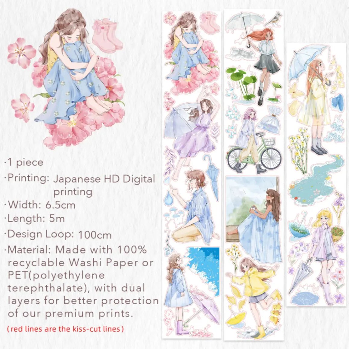 Sticker Pet Tape - Pre - cut - Morning Dew - 65 mm - 7 - Washi Tape Shop - Tidformera