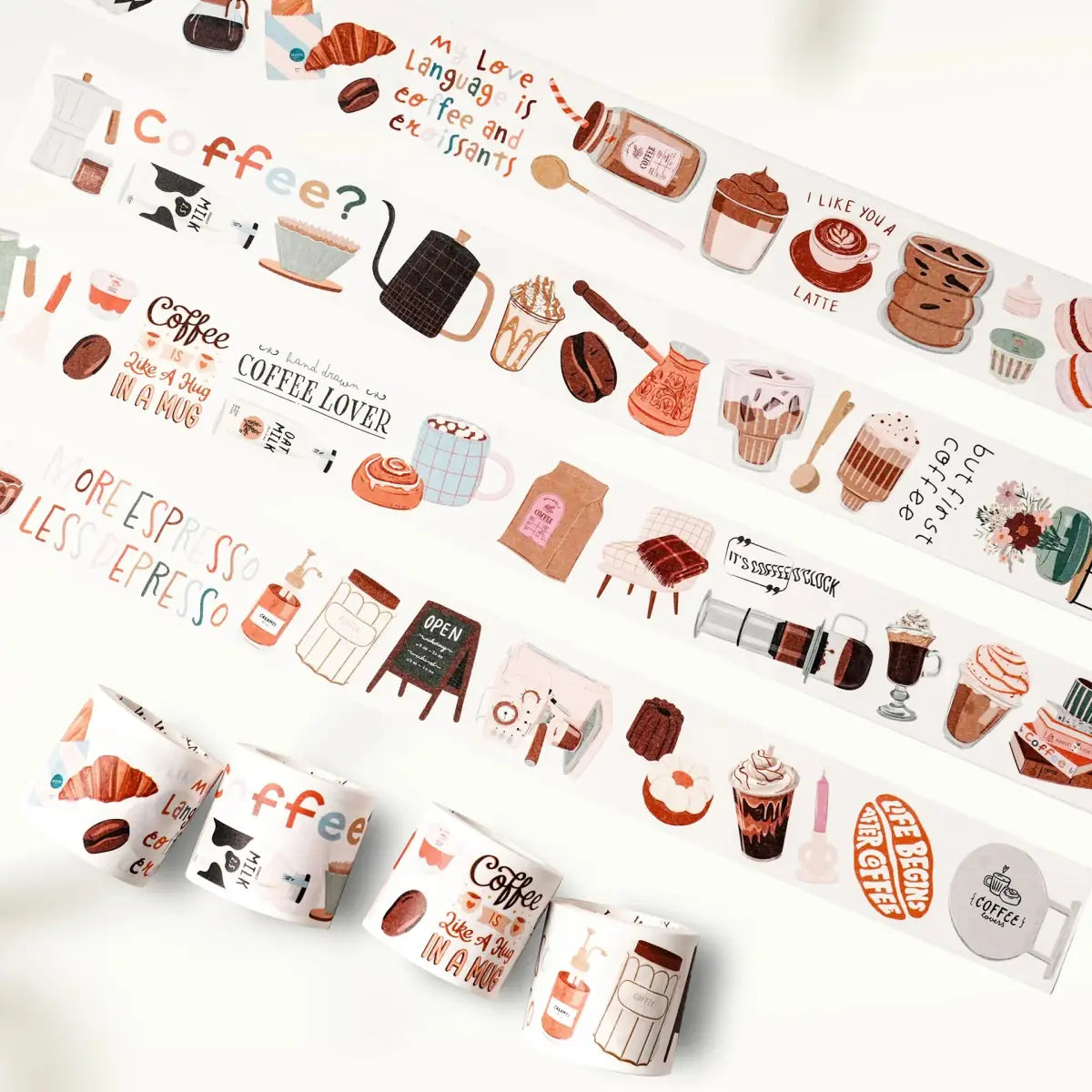 4 rullar med klistermärken i washi paper som har tema kaffe. Sticker Set Washi Tape Coffee? från The Washi Tape shop