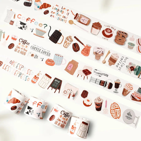 4 rullar med klistermärken i washi paper som har tema kaffe. Sticker Set Washi Tape Coffee? från The Washi Tape shop