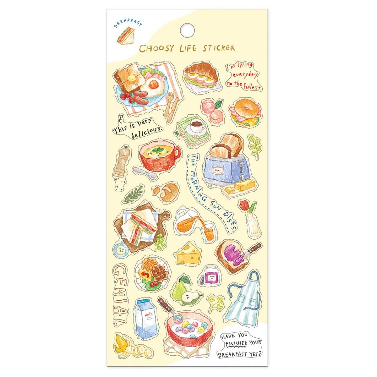 Stickers Choosey Life Sticker - Breakfast från Mind Wave. Ark med klistermärken med frukost. Brödrost, juice i kanna, mjölkförpackning, frukt och färdiga mackor. - Tidformera