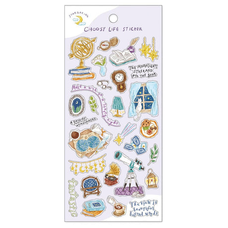 Stickers Choosey Life Sticker - Stargazing från Mind Wave. Ett ark med  klistermärken på temat stjärnskådning. Stjärnkikare, stjärnkarta, böcker, i ett fönster sitter en katt och tittar på stjärnor - Tidformera