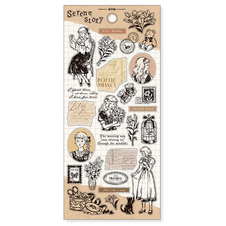 Stickers - Serene Story - Lily's Holiday från Mind Wave. Ett ark med klistermärken där en flicka står i fokus. - Tidformera