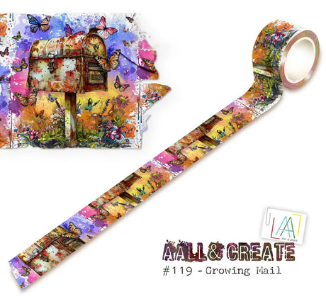Washi tape #119 Autour de Mwa - Growing Mail - Dekorationstejp med fjärilar. Flera lager med tejp bygger ihop en bild på en gammal brevlåda -Aall & Create - Tidformera