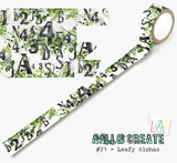 Dekorationstejp med svarta siffror, bokstäver på grön och vit bakgrund. Washi tape #71 Bipasha BK Leafy Alphas Aall & Create