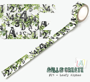 Dekorationstejp med svarta siffror, bokstäver på grön och vit bakgrund. Washi tape #71 Bipasha BK Leafy Alphas Aall & Create